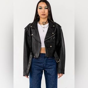 1990s Vintage Cropped Classic Black Motorcycle Jacket by Wilson’s